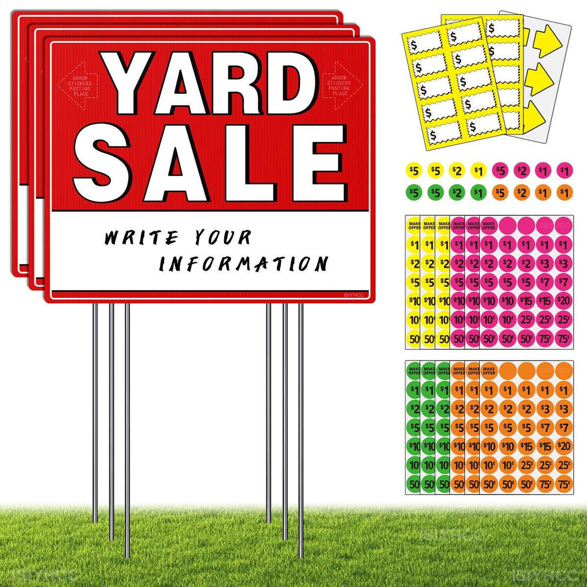 ISYHCC yard sale signs kit with stakes for durable outdoor display.