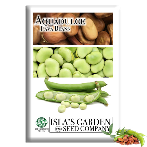 Isla's Garden Seeds Aquadulce fava bean seeds packaging, non-GMO heirloom quality for gardeners.