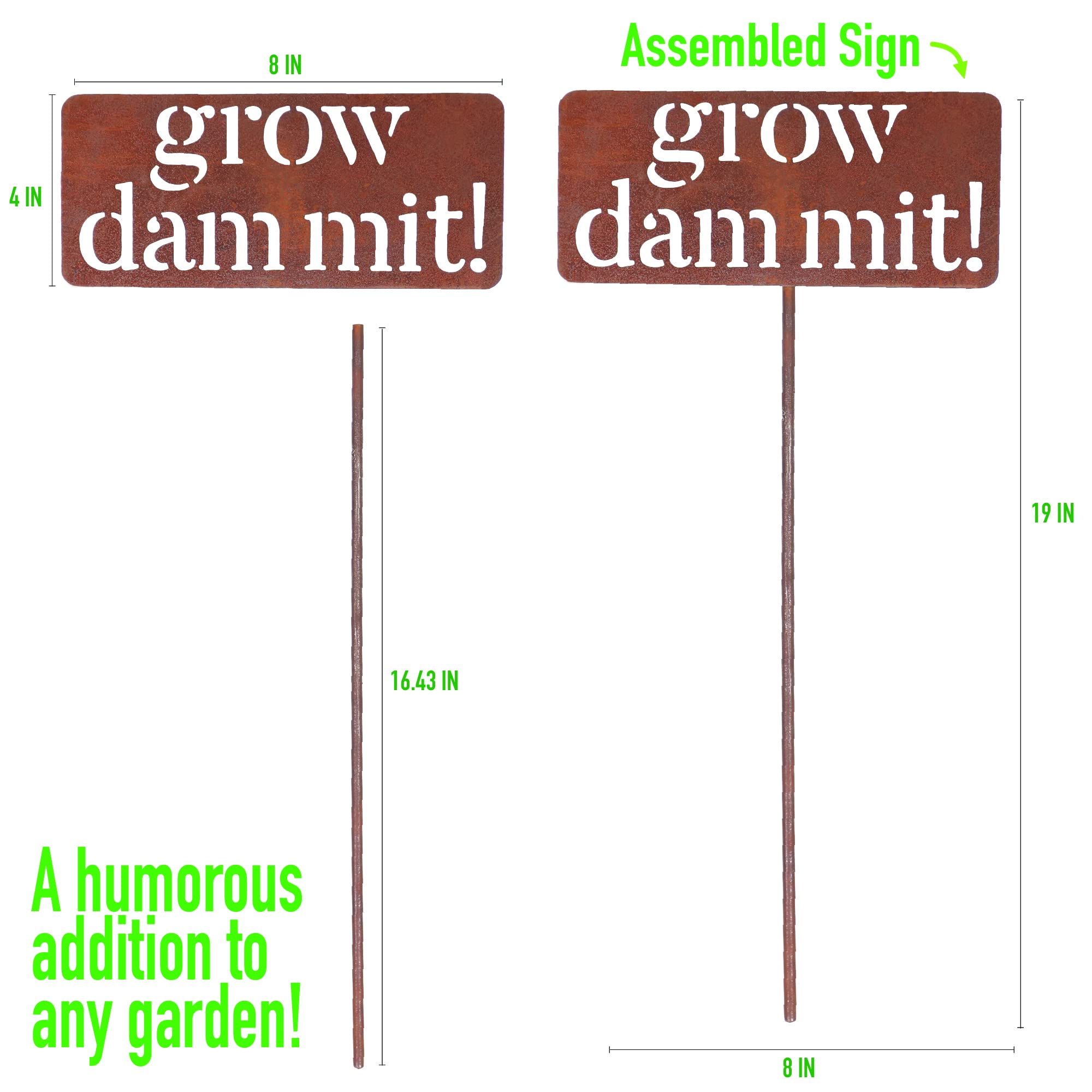 Island Genius Grow Dammit sign stake shows easy two-piece assembly for quick setup.