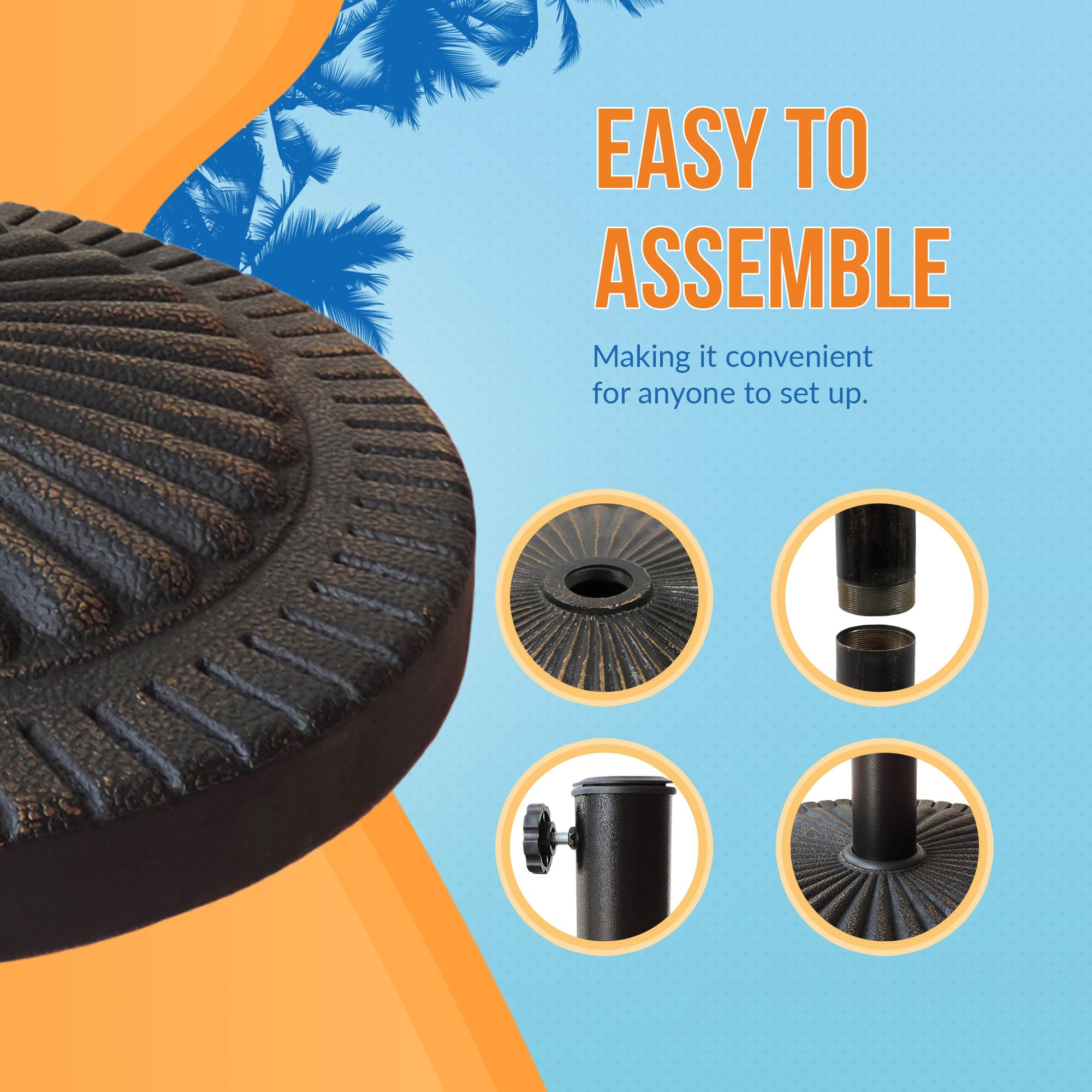 Island Umbrella base supports pole diameter up to 1.63 inches