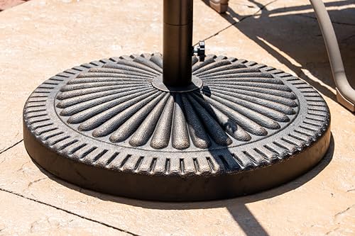 Island Umbrella poly-resin base shows powder-coated stem detail