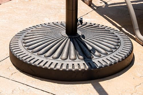 Island Umbrella poly-resin base shows powder-coated stem detail