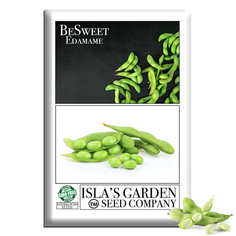 Isla's Garden Seeds BeSweet edamame seed packet ready for planting for a simple home harvest.