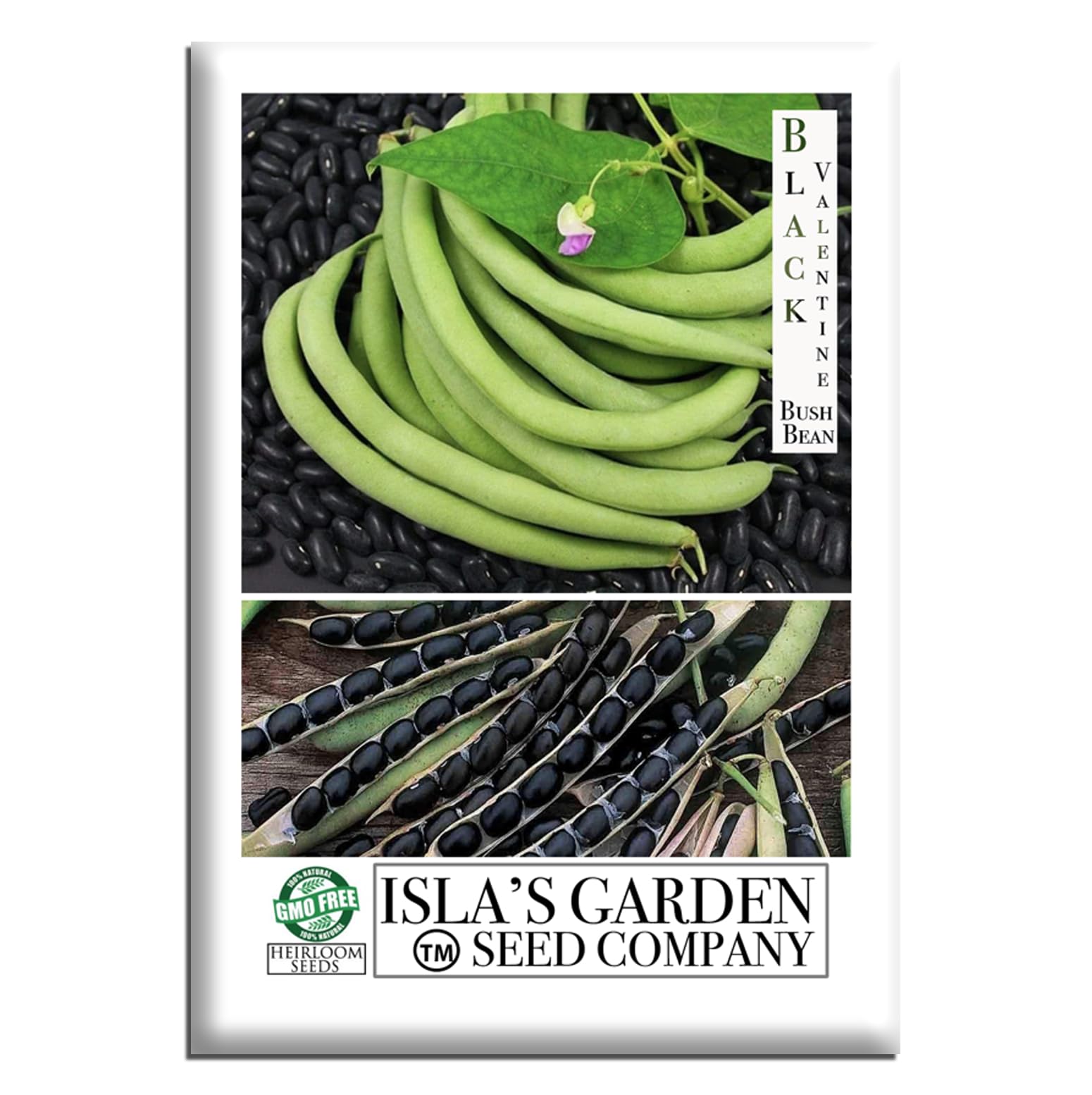 Isla's Garden Seeds Black Valentine seed packet for planting
