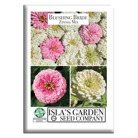 Isla's Garden Seeds Blushing Bride Zinnia seeds pack for elegant border color.