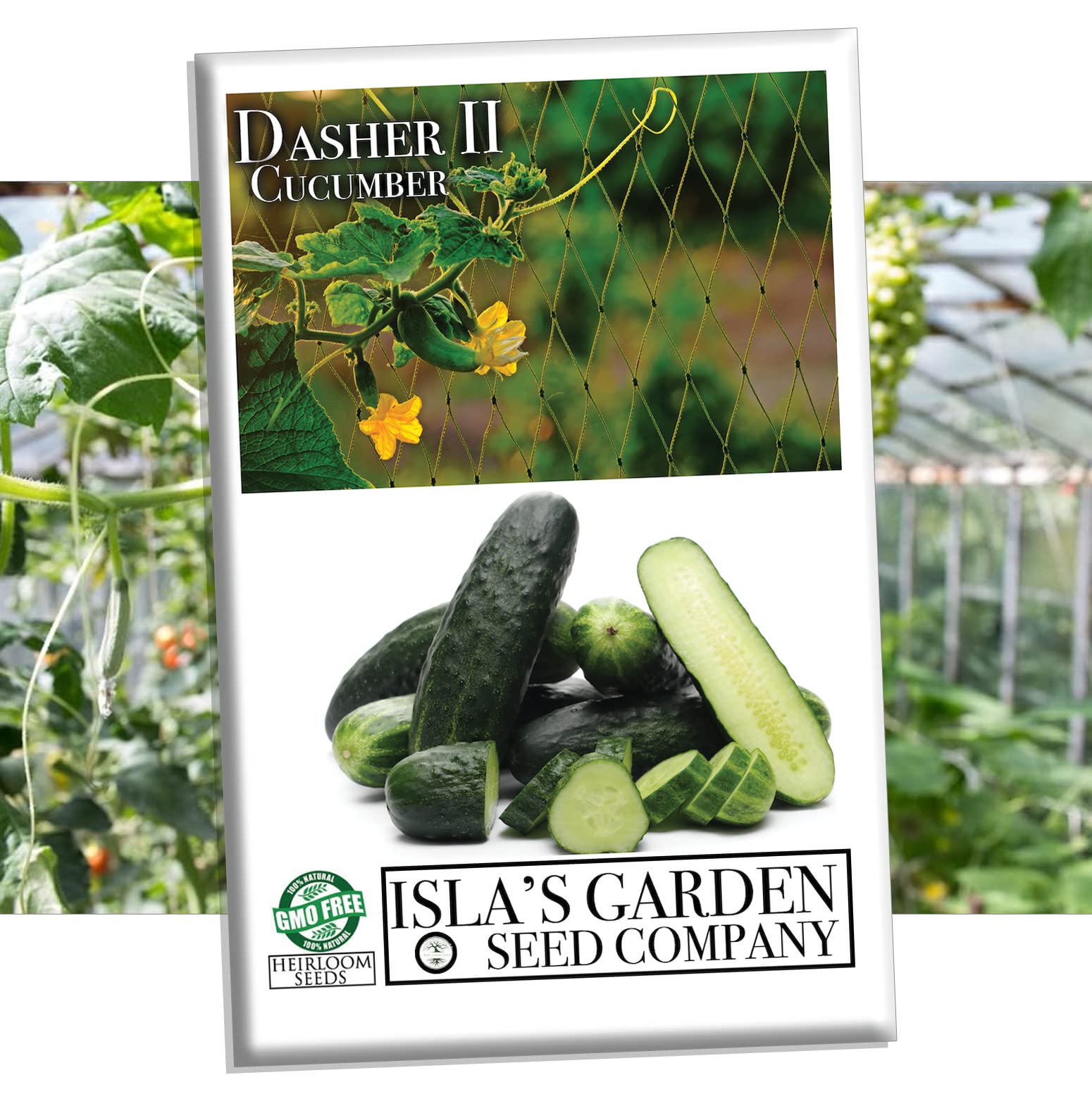 Isla's Garden Seeds Dasher II cucumber seed packet for home gardening.