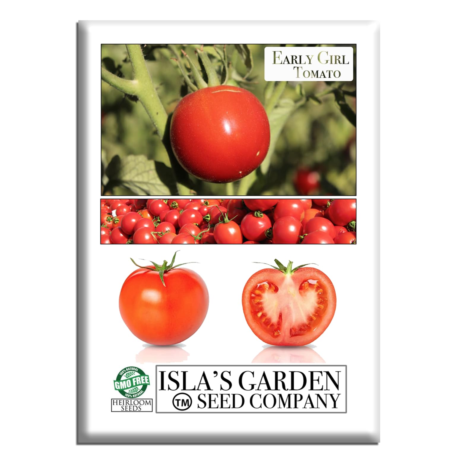 Isla's Garden Seeds Early Girl tomato seeds packet shown for reliable early harvests.