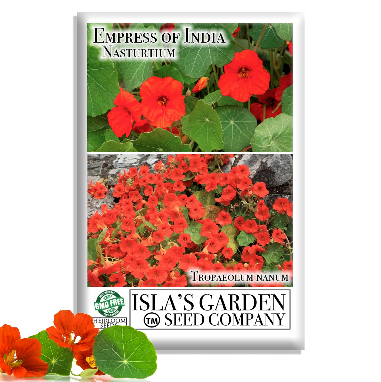 Isla's Garden Seeds Empress of India seed pack featuring edible nasturtium blooms for salads