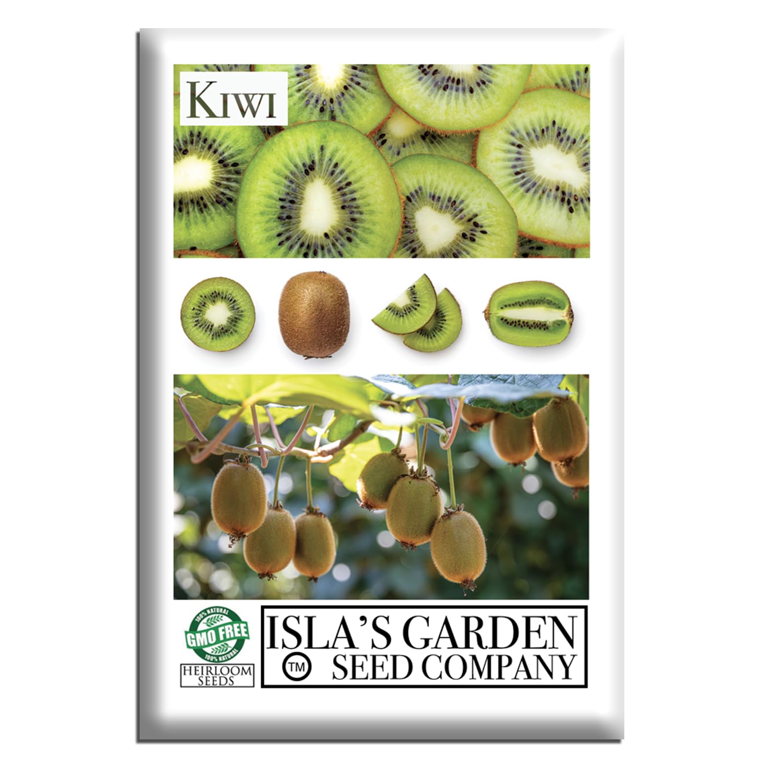 Isla's Garden Seeds kiwi-vine fruit close-up with bright green flesh, ideal for fresh harvest