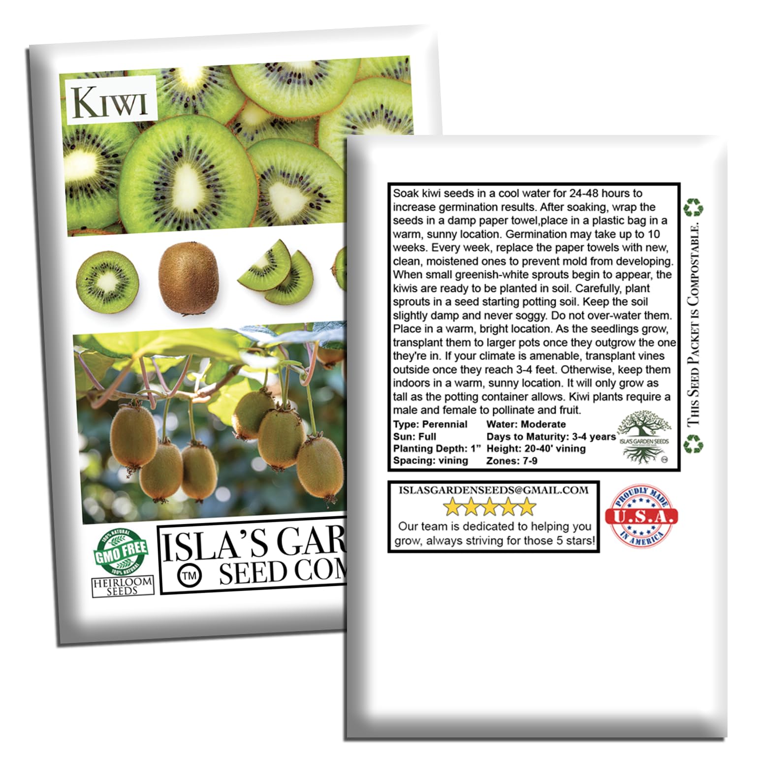 Isla's Garden Seeds seed packet labeled kiwi vine, easy to start for home growers