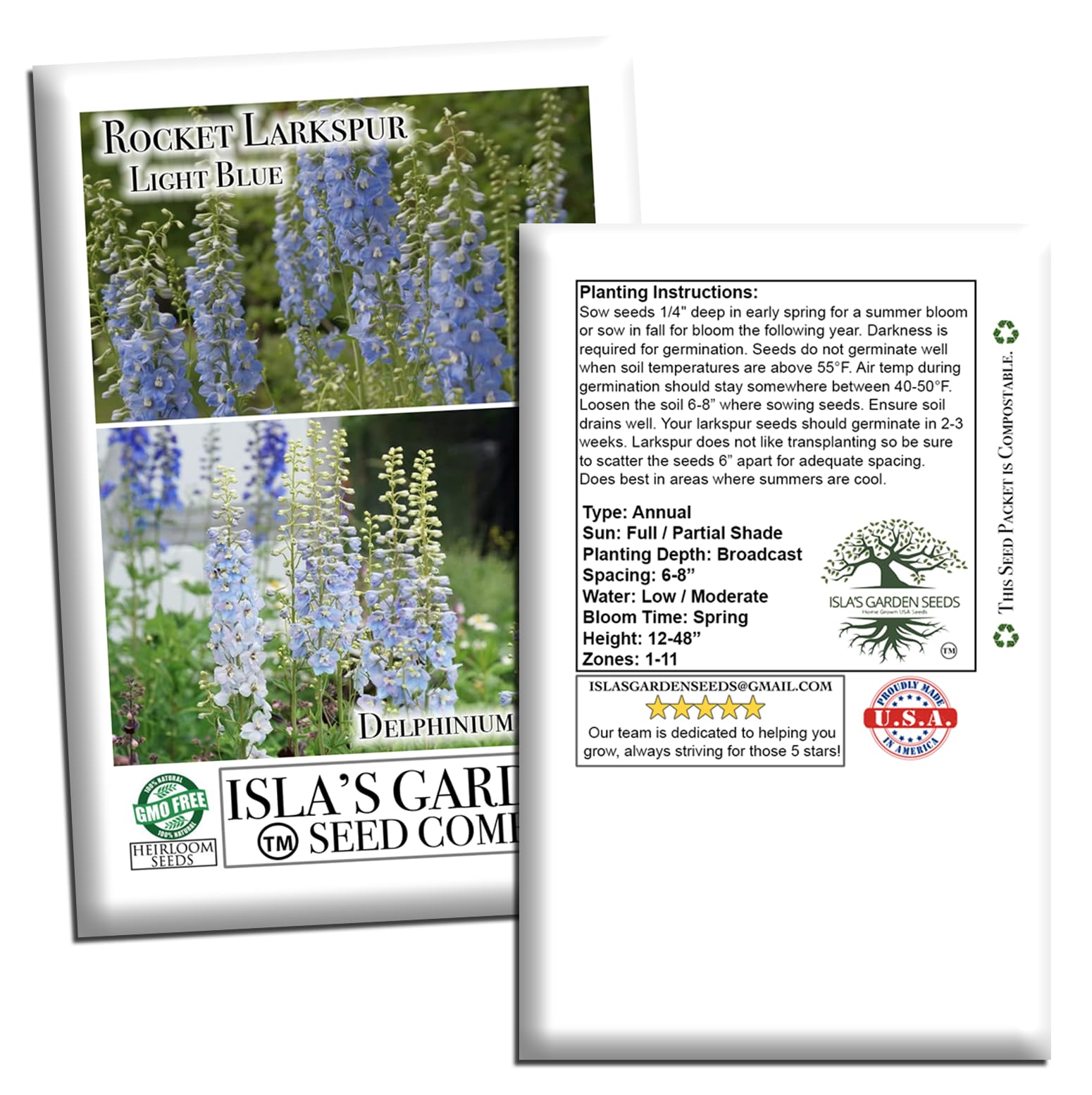 Isla's Garden Seeds Larkspur Rocket Light Blue border display for sunny garden beds.