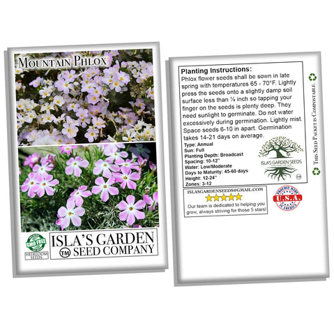 Isla's Garden Seeds Mountain Phlox ideal for borders and containers, bringing color to small spaces.