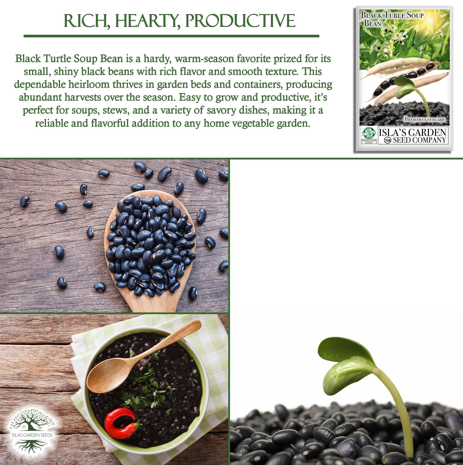 Isla's Garden Seeds nutrient-rich-beans emphasize protein and fiber benefits.