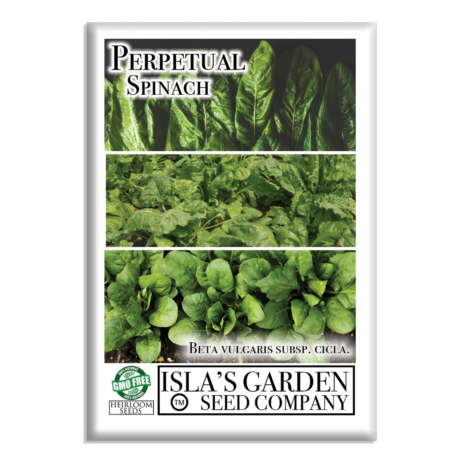 Isla's Garden Seeds perpetual spinach seed packet ready for planting and ongoing harvests.