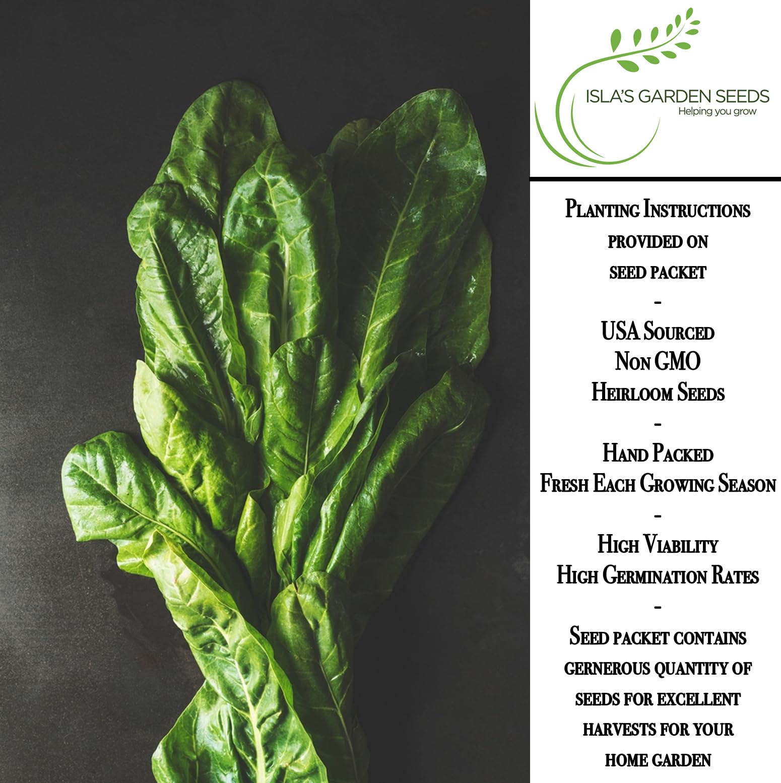 Isla's Garden Seeds Swiss chard leaves close-up showing tender texture and mild flavor.