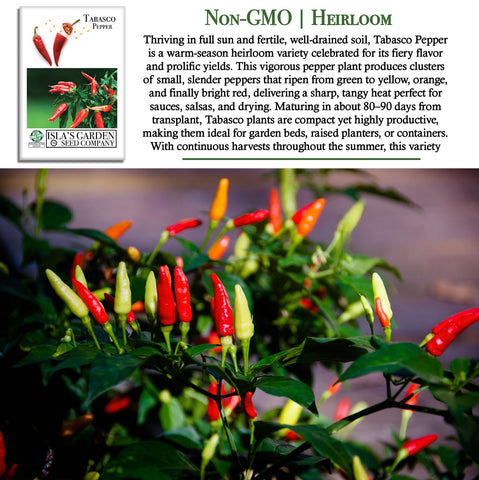 Seed packet for Isla's Garden Seeds Tabasco Red Hot Pepper for home gardeners.