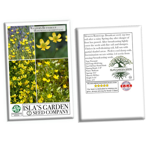 Ranunculus occidentalis Latin name label for educational planting by Isla's Garden Seeds.