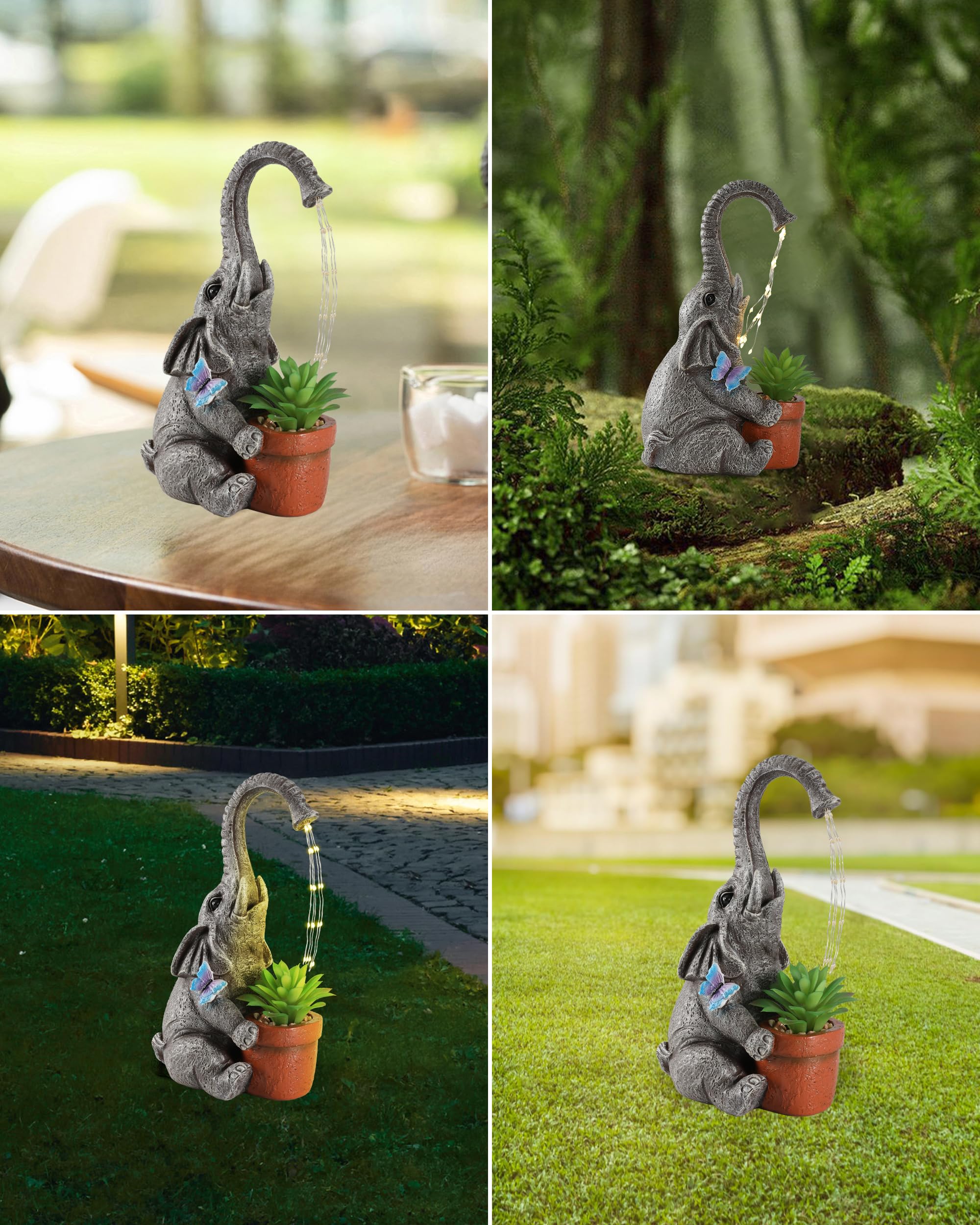 iStatue butterfly-on-elephant-trunk adds whimsical garden detail.