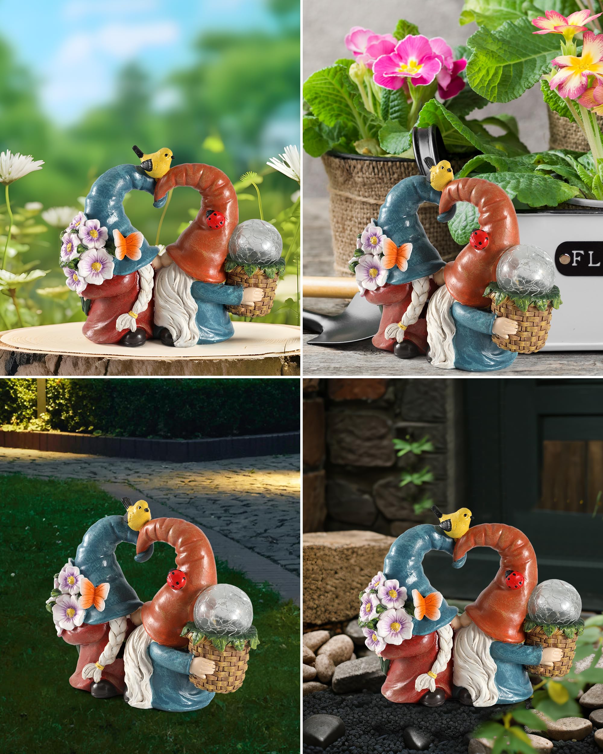 istatue kissing gnomes with LED lighting highlighting fine features at dusk