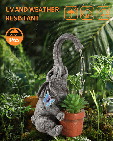 iStatue elephant trunk water feature creates a playful garden focal point.
