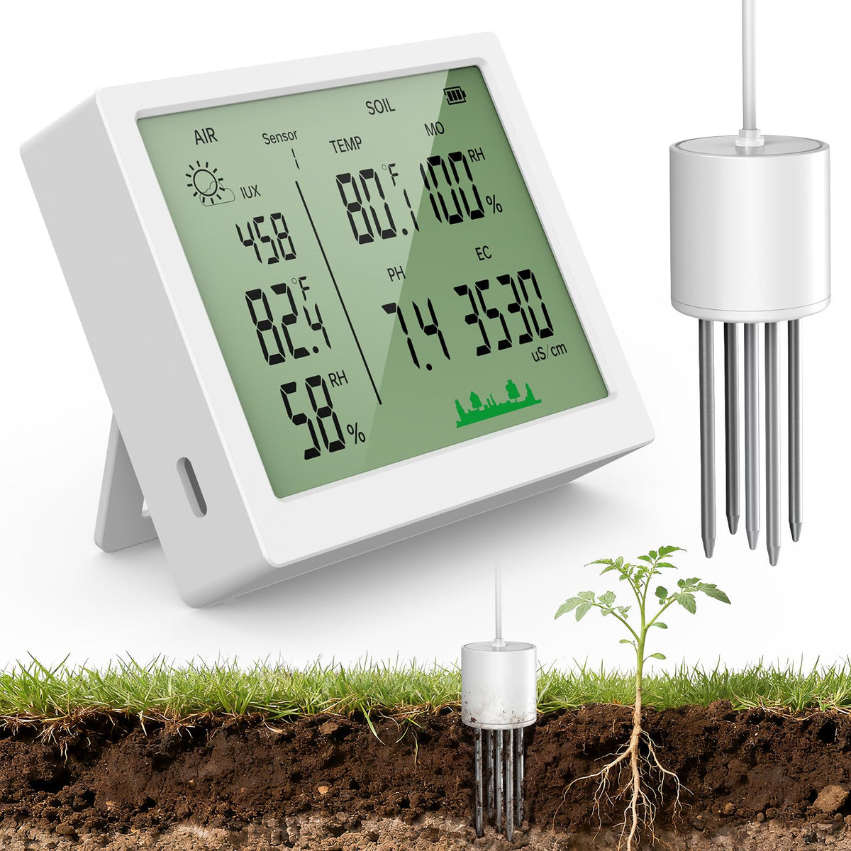 ISyncPlug 7-in-1 soil meter shows all key readings at once for garden planning