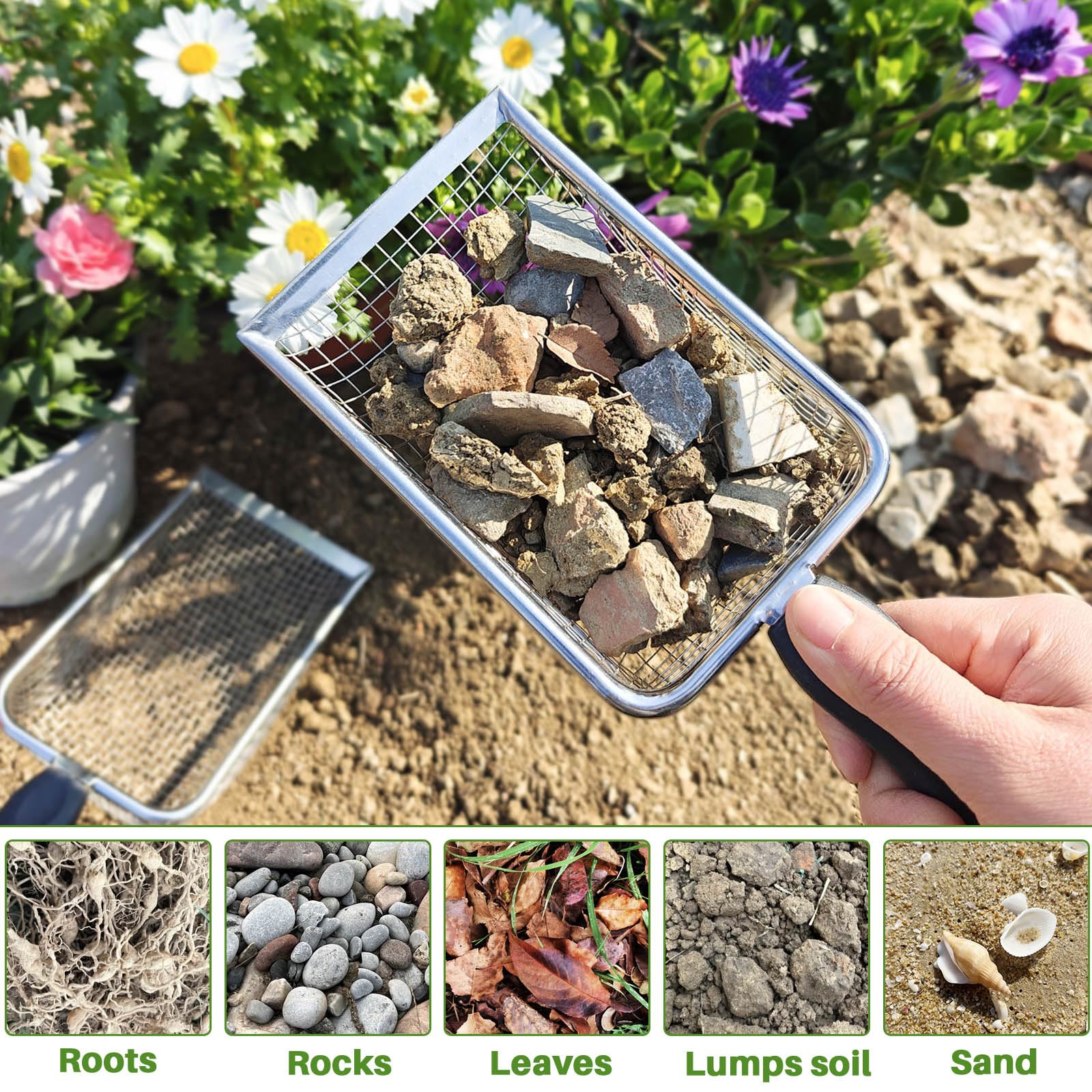 ISYOKE 3.8mm mesh garden sifter for finer soil and debris.