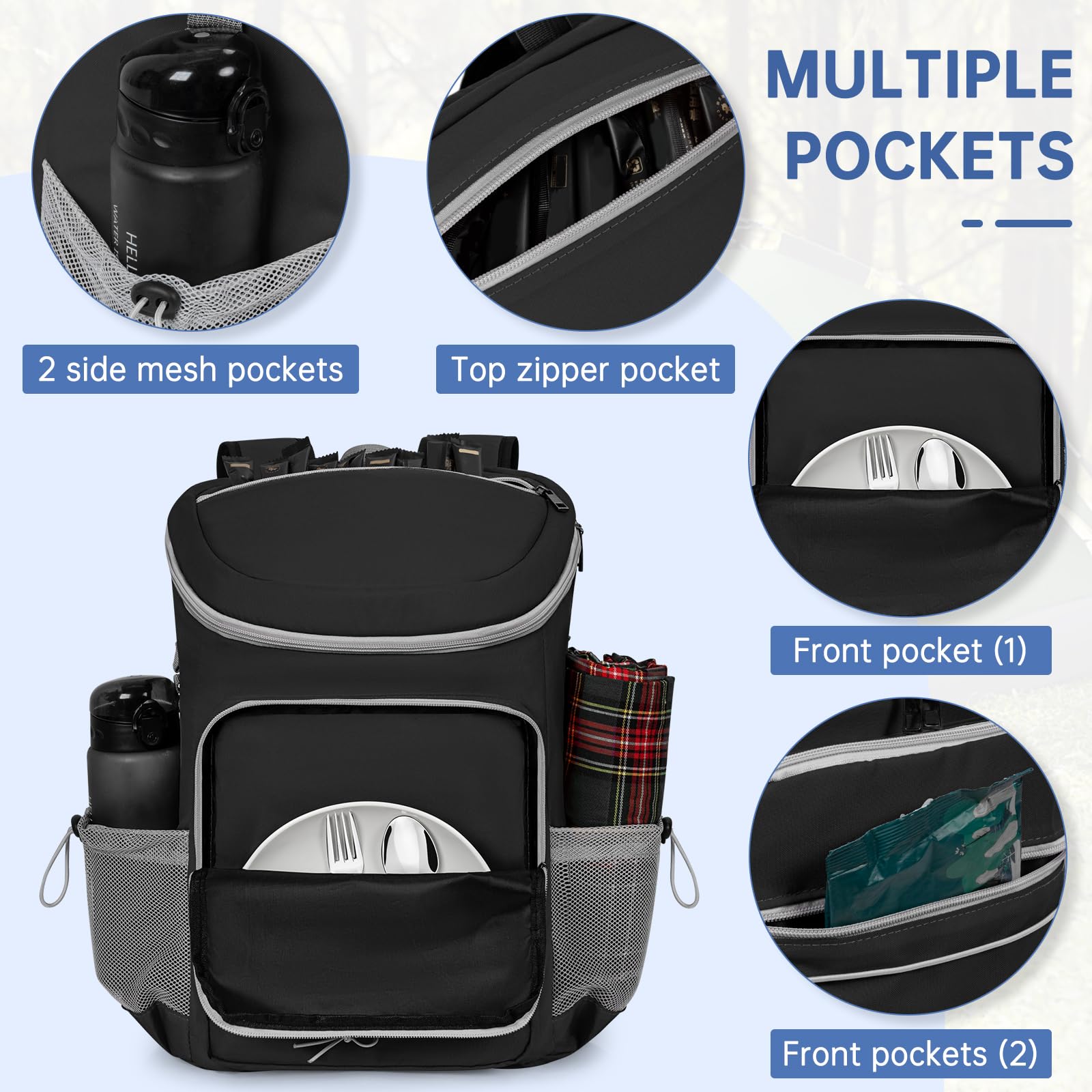 ITHWIU cooler backpack front pocket stores utensils for easy meals on the go.