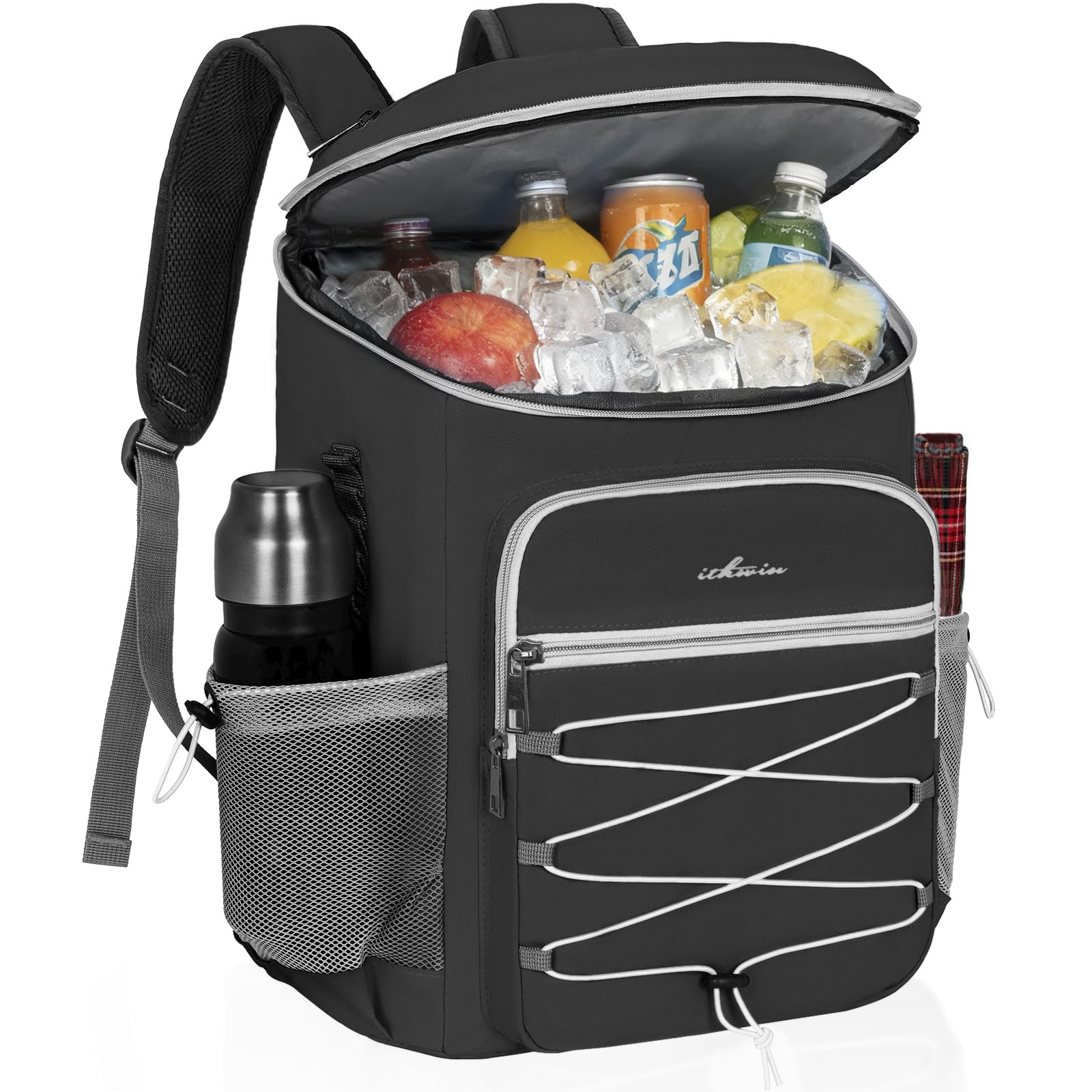 ITHWIU cooler backpack shows 33-can capacity, ideal for beach picnics and outdoor events.