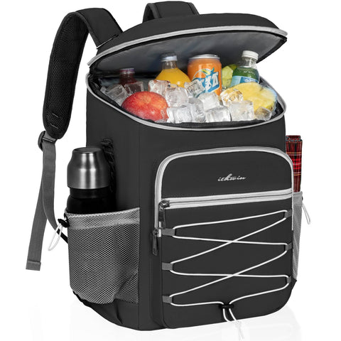ITHWIU cooler backpack shows 33-can capacity, ideal for beach picnics and outdoor events.