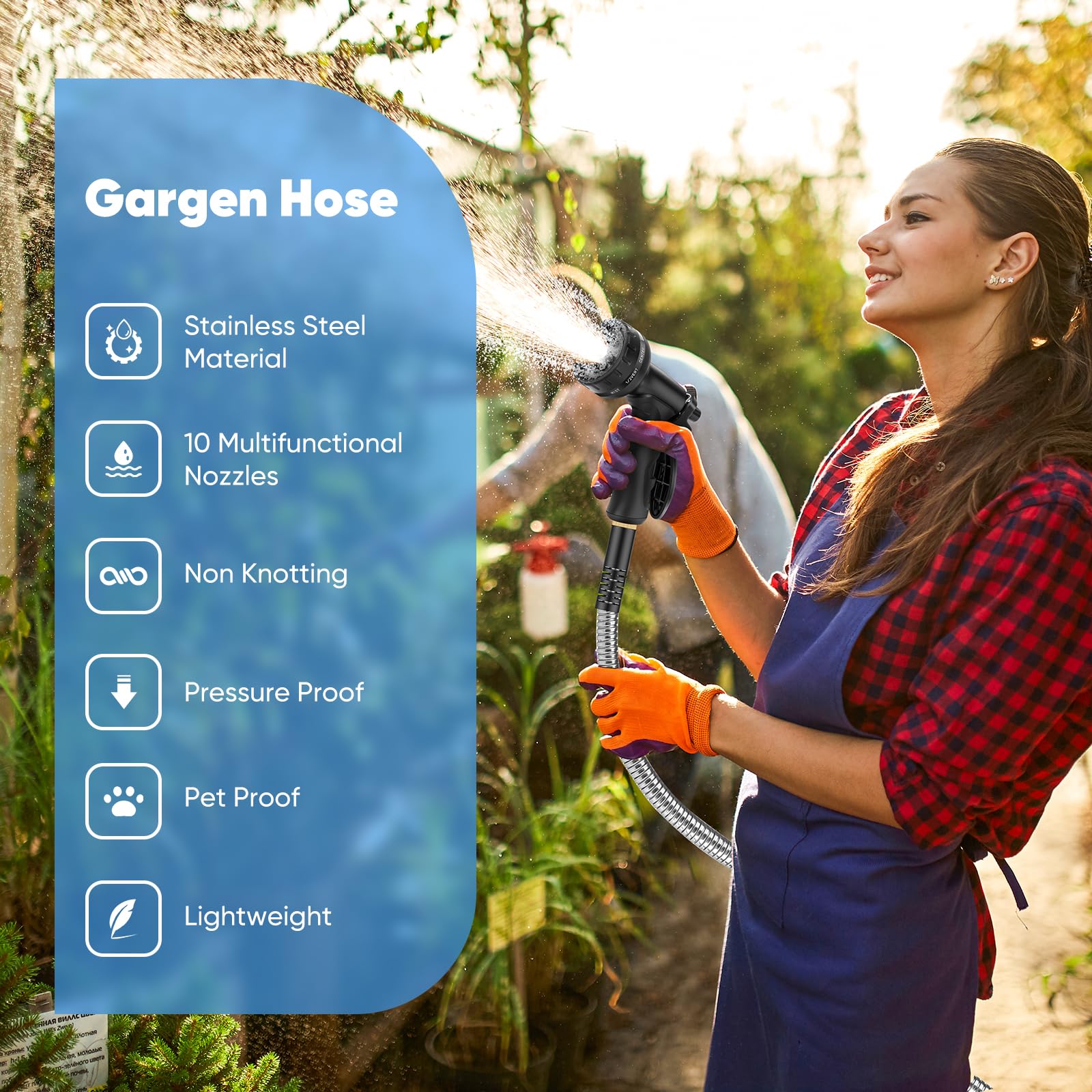 Itsonestep 100ft nozzle close-up highlighting 10 spray options and ergonomic grip