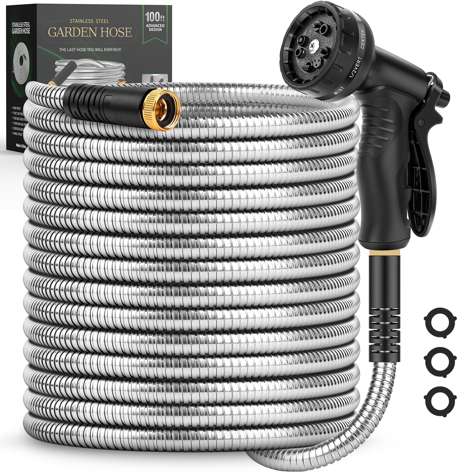 Itsonestep garden hose 100ft outer view showing sturdy stainless steel construction for durability