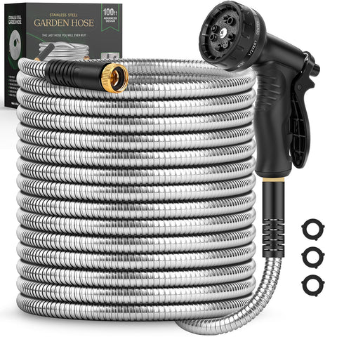 Itsonestep garden hose 100ft outer view showing sturdy stainless steel construction for durability