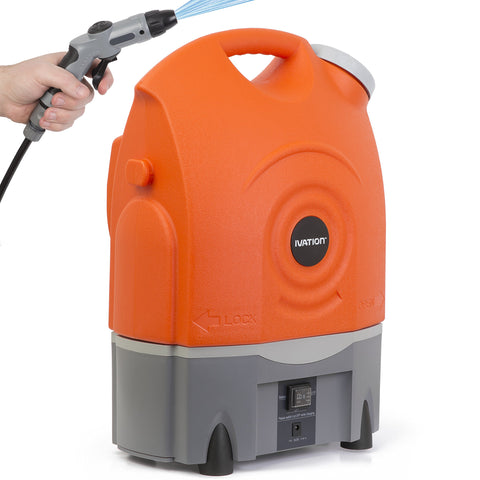 Ivation wheeled portable washer shown for easy transport around campsites and yards.