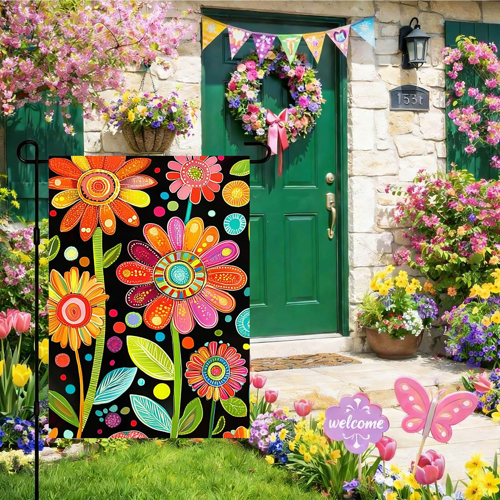 IVN Colorful Flower Spring Flag whimsical sunflower pattern brightens garden spaces