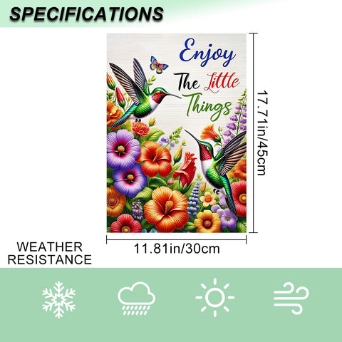IVN Hummingbird Spring Garden Flag on dual sides for easy viewing.