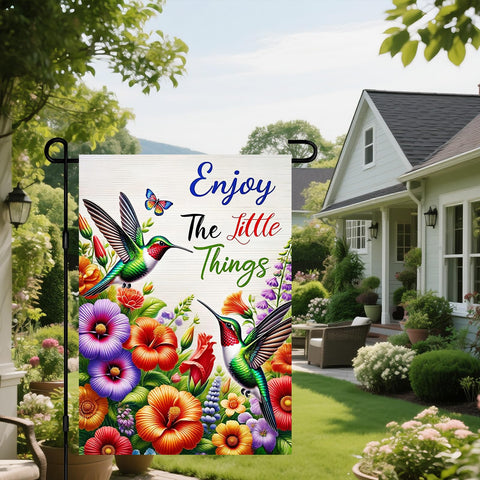 IVN Hummingbird flag features butterfly accents and bright colors for yard display.