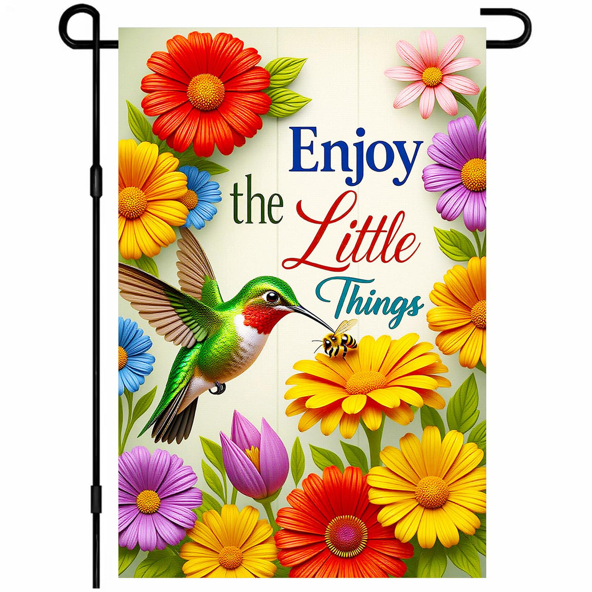 IVN hummingbird spring flag shows daisies and tulips for cheerful curb appeal.