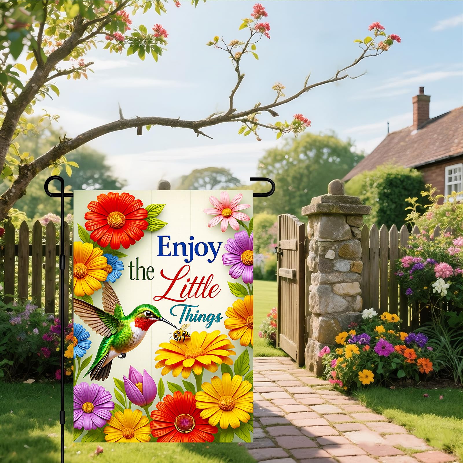 IVN hummingbird spring flag close-up highlights vibrant colors for outdoor display.