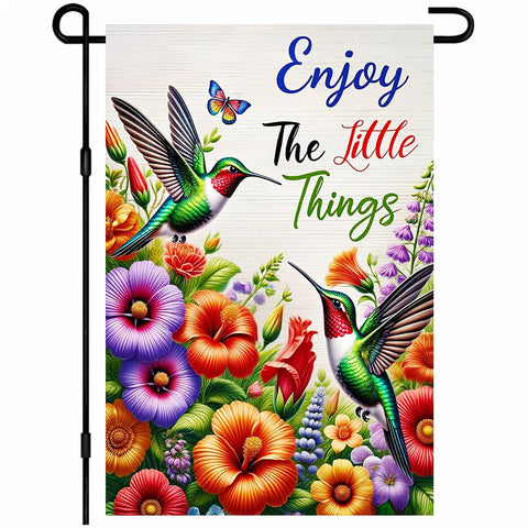 IVN Hummingbird Spring Garden Flag with two hummingbirds and blossoms for seasonal charm.
