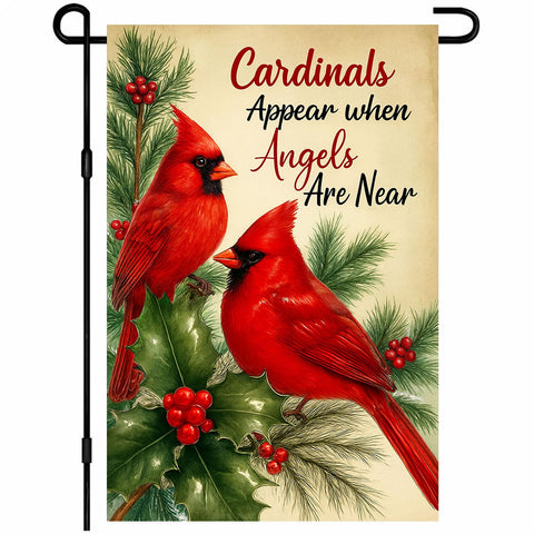 IVN Spring Garden Flag cardinals on holly branches, welcoming outdoors.