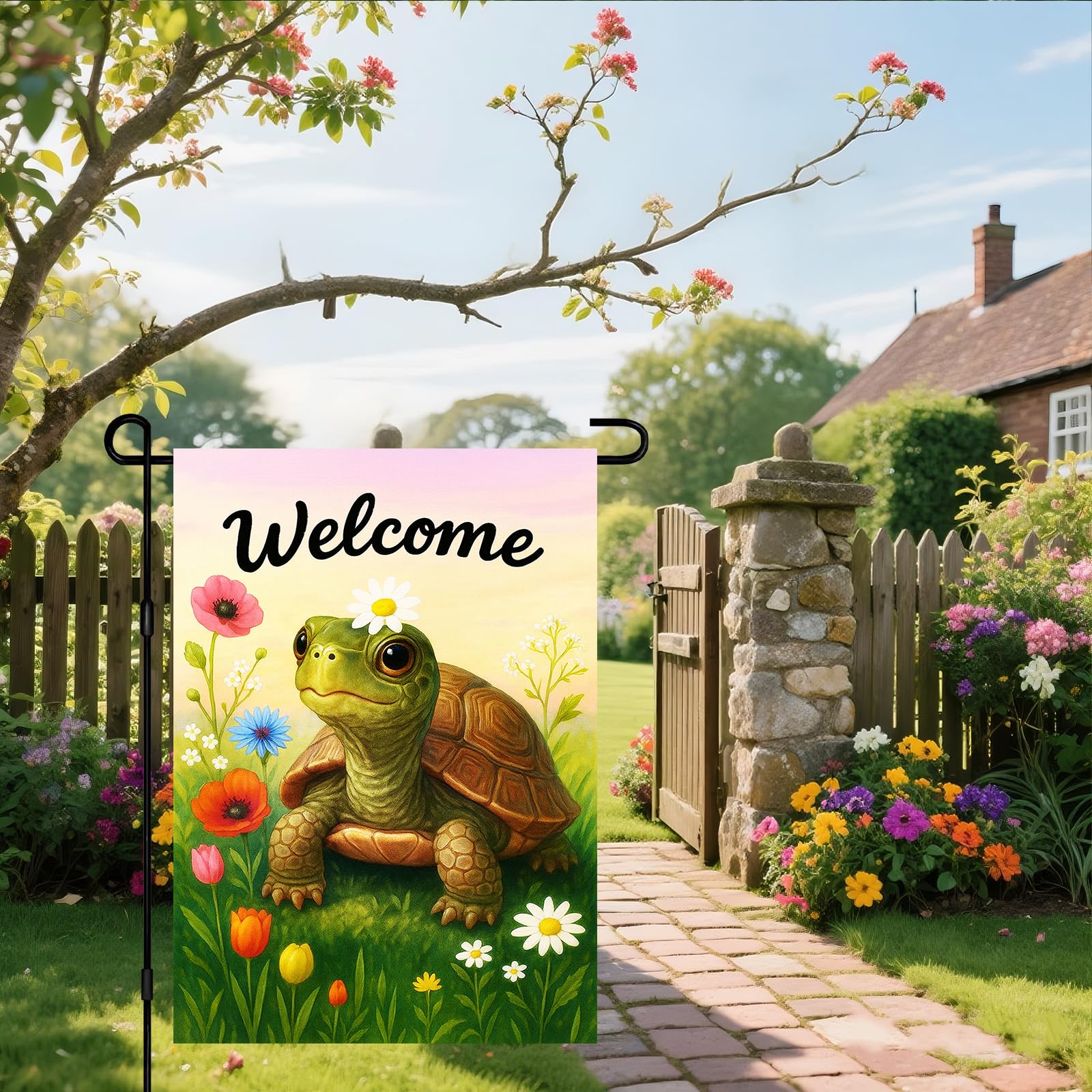 IVN Spring Garden Turtle Flag with daisy crown adds cheerful curb appeal.