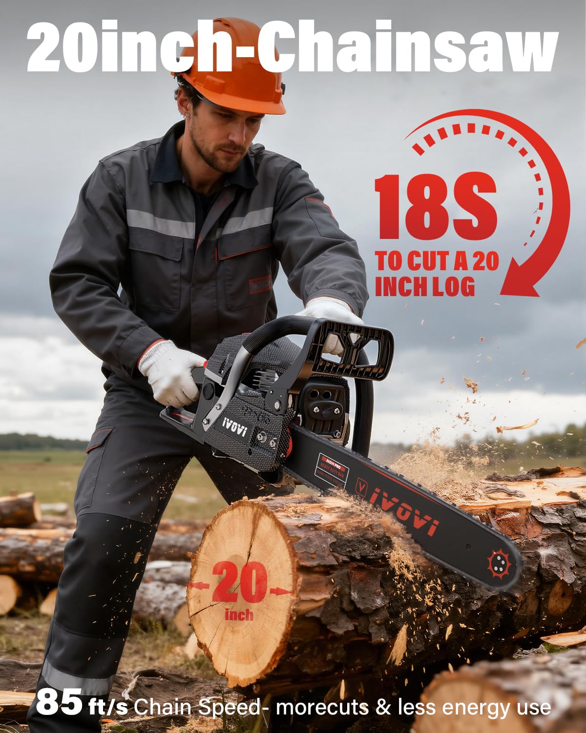 IVOVI 63CC chainsaw with 20-inch bar for fast felling of larger logs