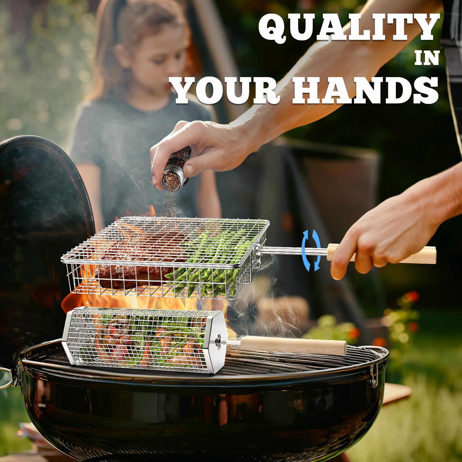 Ivtivfu hexagon grill basket holds vegetables and shrimp securely.