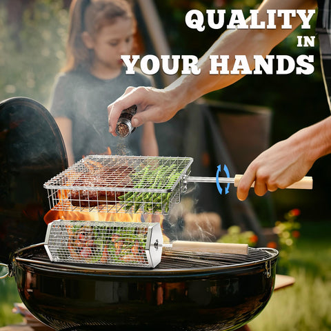 Ivtivfu hexagon grill basket holds vegetables and shrimp securely.
