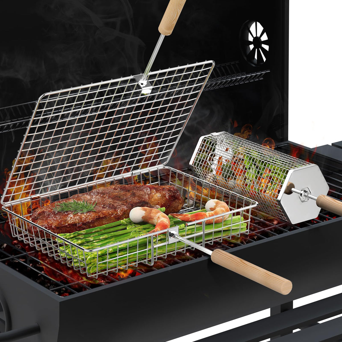 Ivtivfu grill basket with removable wooden handle for safe, easy grilling.