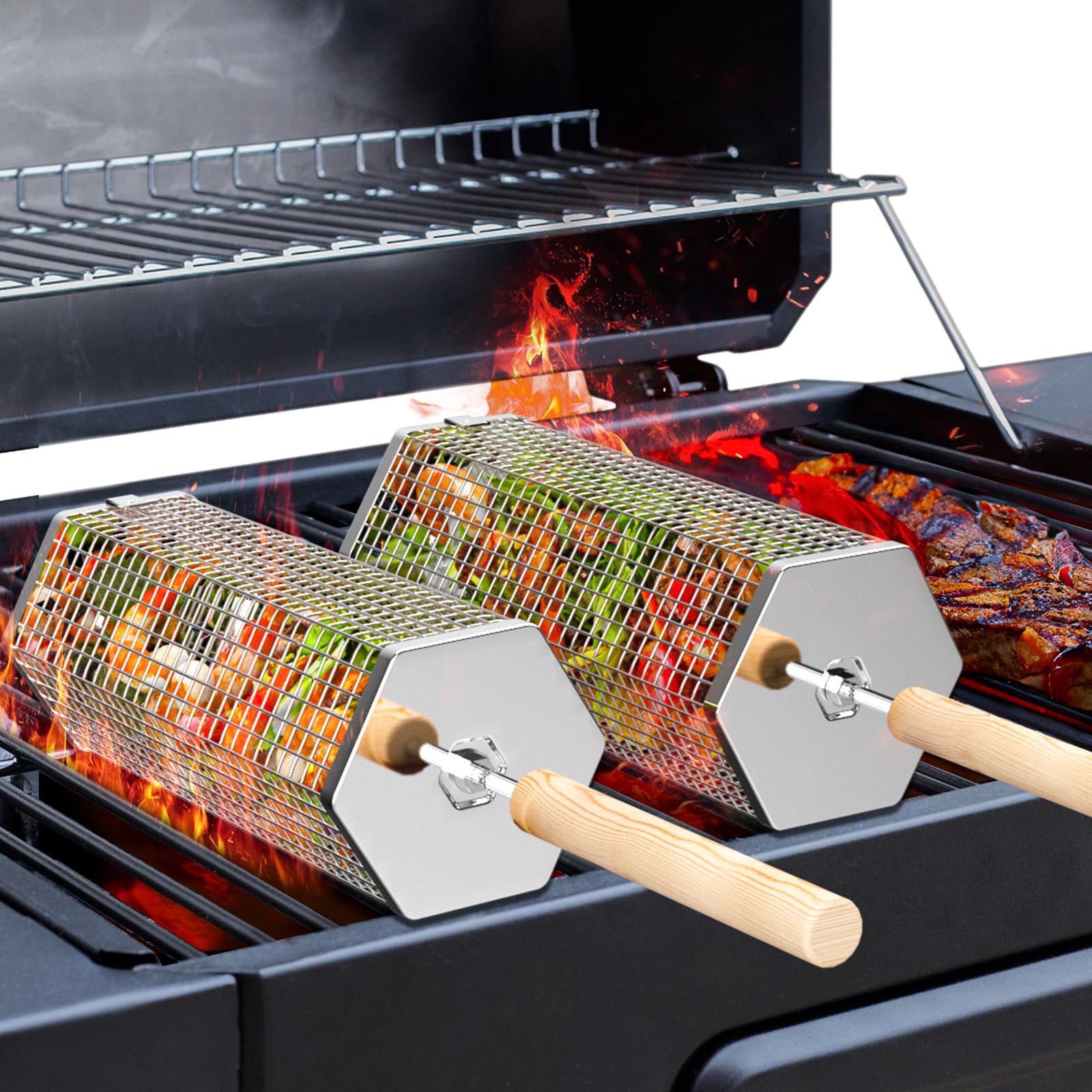 Ivtivfu rolling grill basket with removable wooden handle for safer, more comfortable grilling