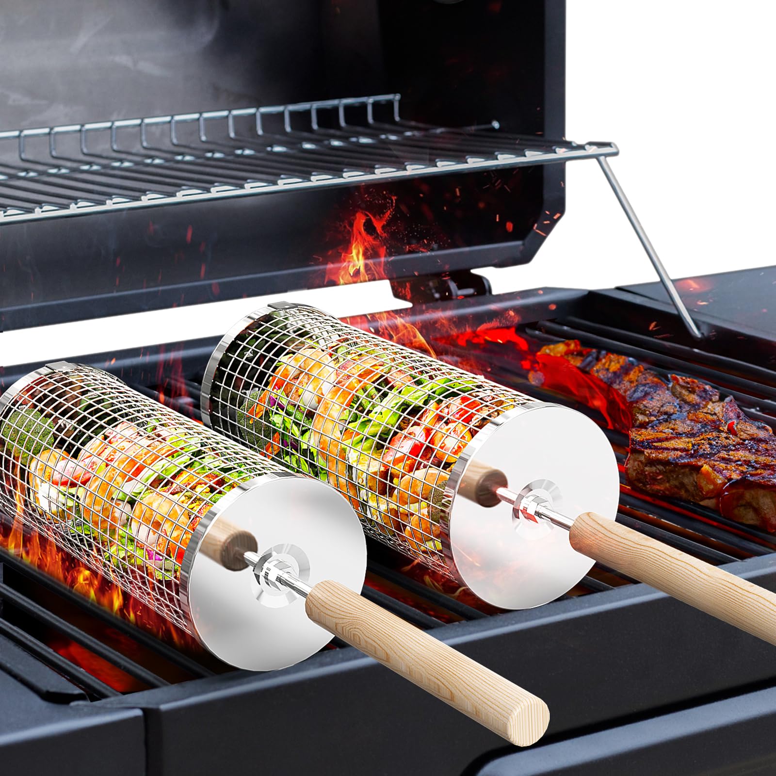 ivtivfu rolling grill basket with removable wooden handle for easy heat control