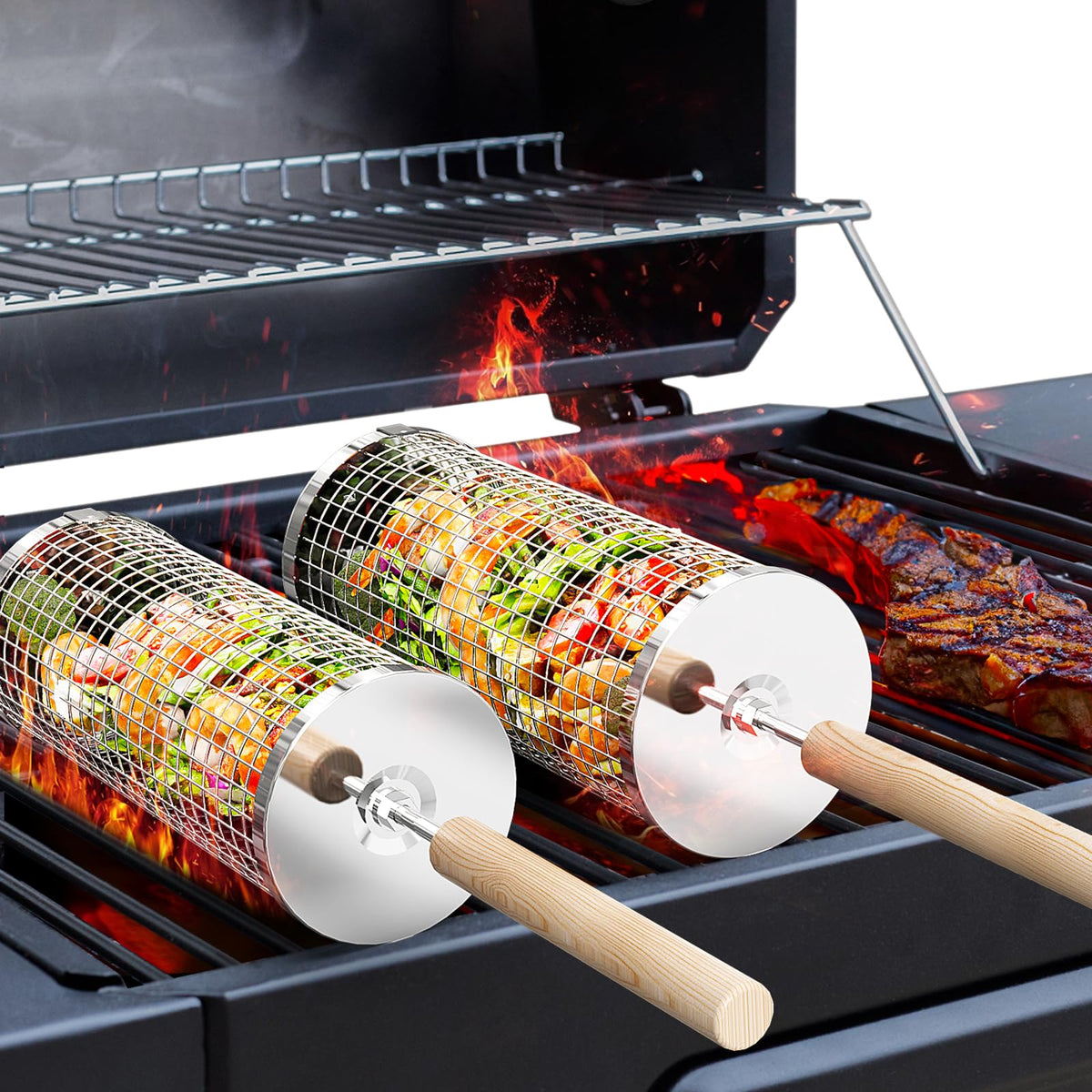 ivtivfu rolling grill basket with removable wooden handle for easy heat control