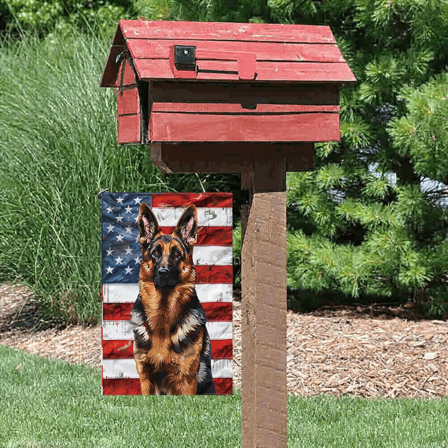 iWeeta patriotic dog flag with American backdrop, adds yard charm.