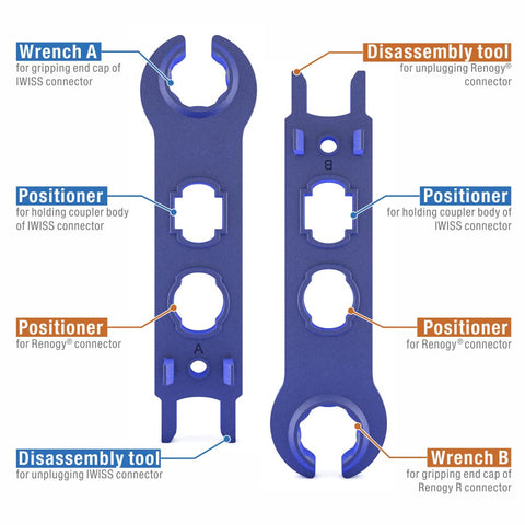 IWISS iCrimp solar panel spanners enabling connector locking and unlocking.